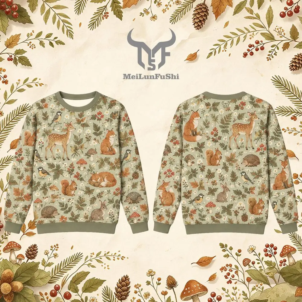 Vintage Cottagecore Forest Animals Sweatshirt Autumn Botanical Deer Fox Rabbit Pattern Crew Neck Pullover Unisex Casual Tops