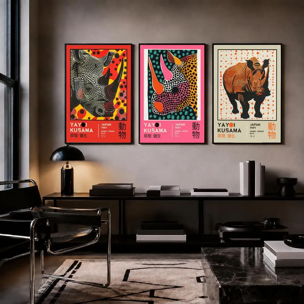Y-Yayoi Kusama Rhino Pop Art Poster Trendy HD PP Paper Waterproof Wall Art Print for Bedroom Living Room Decor