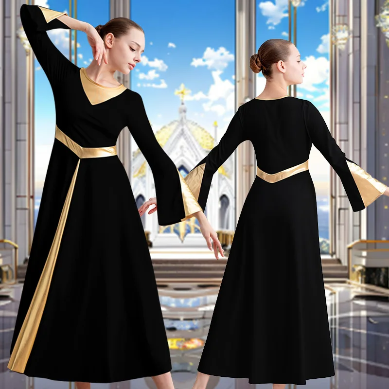 Robe de danse moderne à manches longues pour femmes, coupe ample, pleine longueur, pour la culte des adultes, Costume métallique liturgique, robe de danse