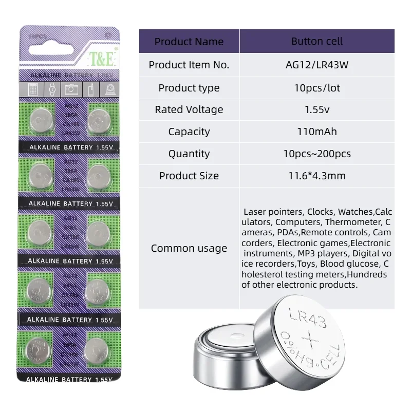 

AG12 LR43W Watch 386A Battery Remote Control 1.5V Button Battery Coin Cell LED Light Batteries for Toy