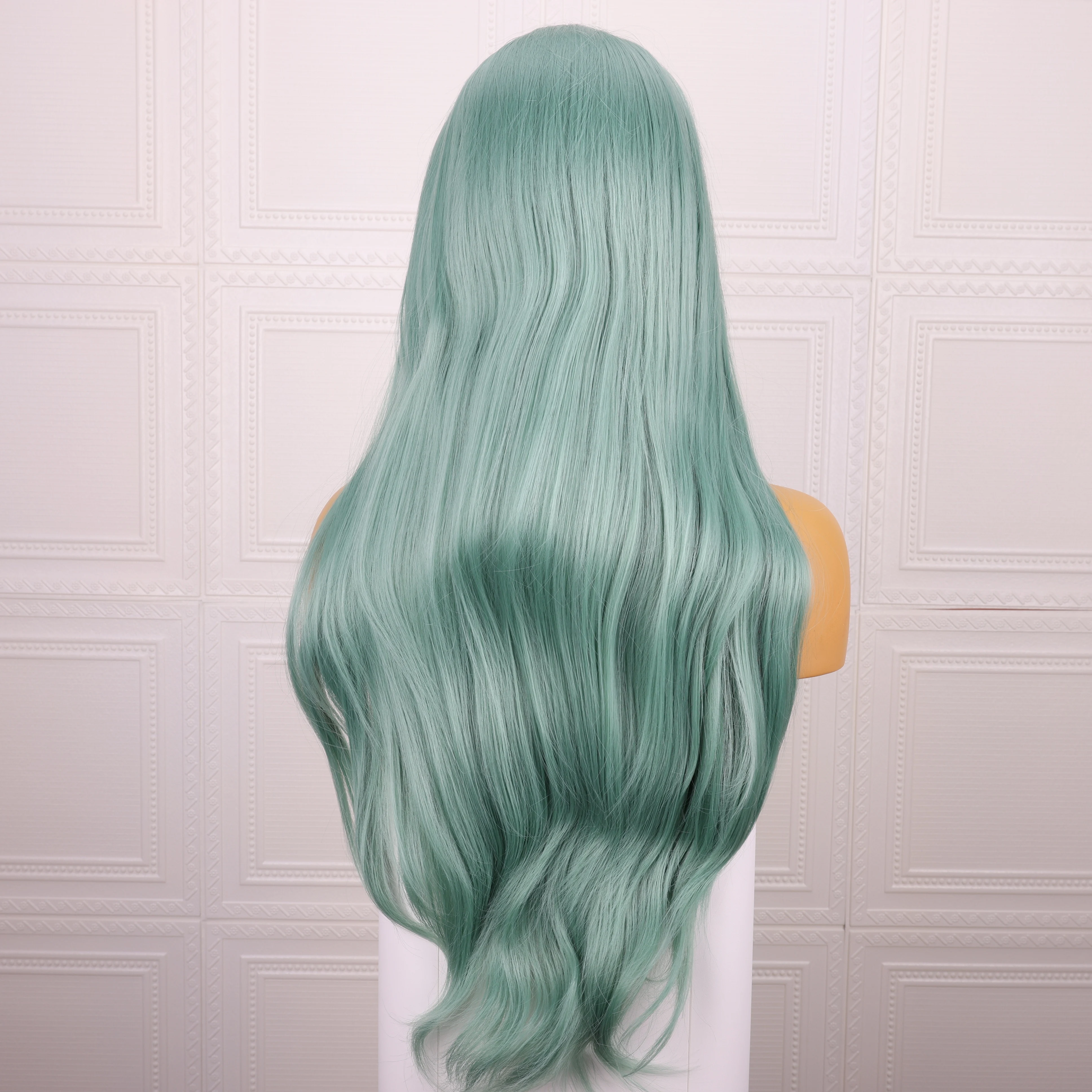 Cyan-Green Synthetic Wig Cosplay Dating Party Long Straight Transparent Lace Wig Easy Maintenance Front Lace Net Cap Smooth