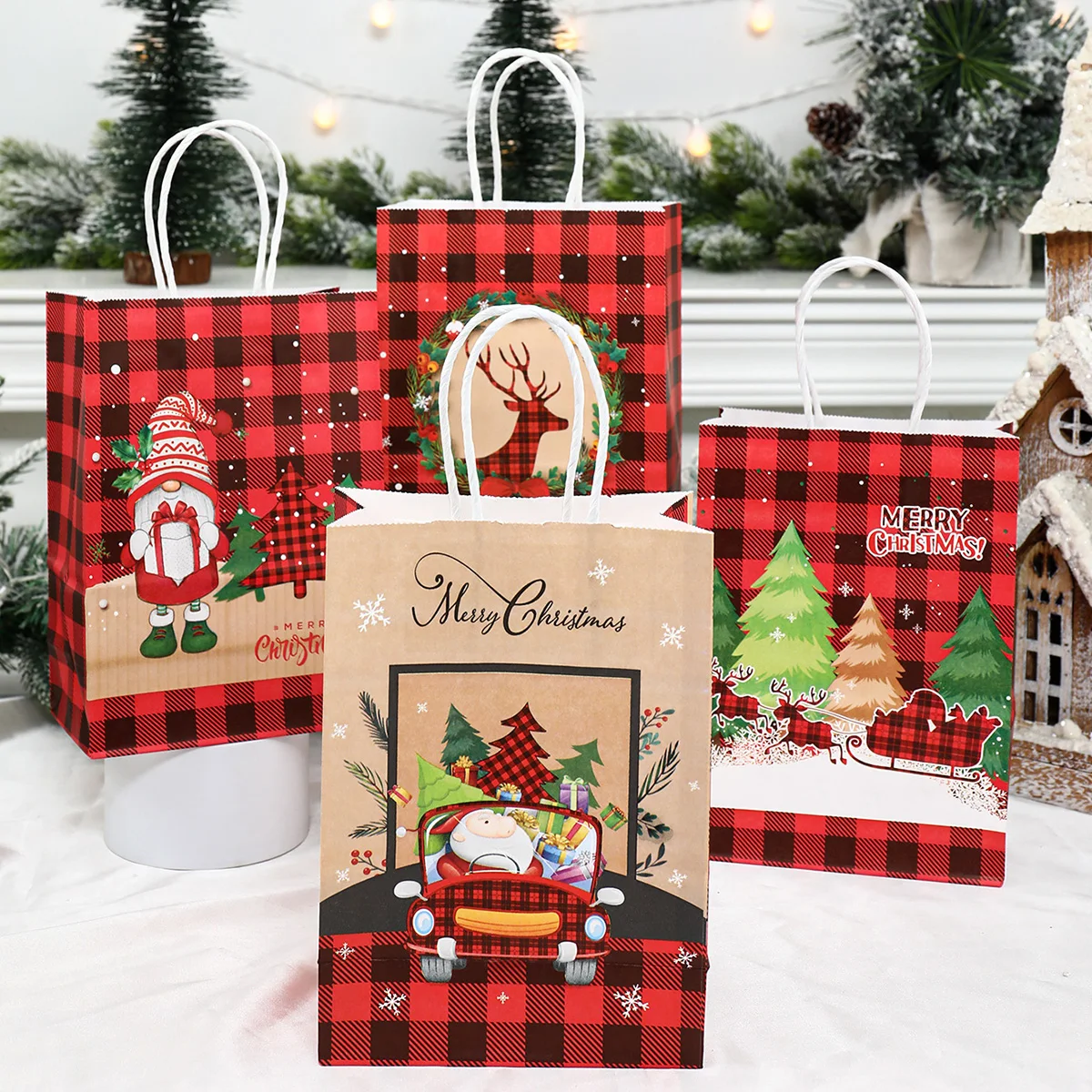 5pcs Kraft Paper Christmas Gift Bags 2023 New Year Christmas Decoration Holiday Party Children Candy Cookie Packaging Bag