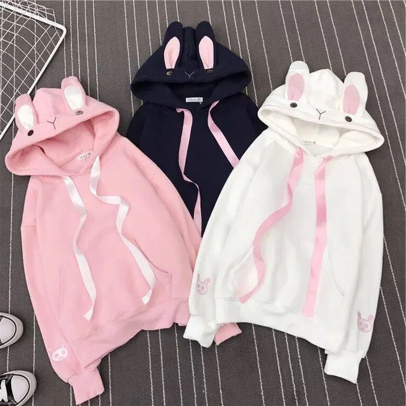 Cartoon Hoodies Women Embroidered Rabbit Ears Cute Sweatshirts Loose Girls Long Sleeves Coats Streetwear Autumn Winter