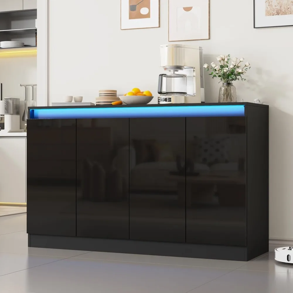 

51 W Buffet Cabinet with 4 Doors, High Gloss Sideboard Coffee Bar with LED Lights & Charging Station, Handless Modern Sideboard
