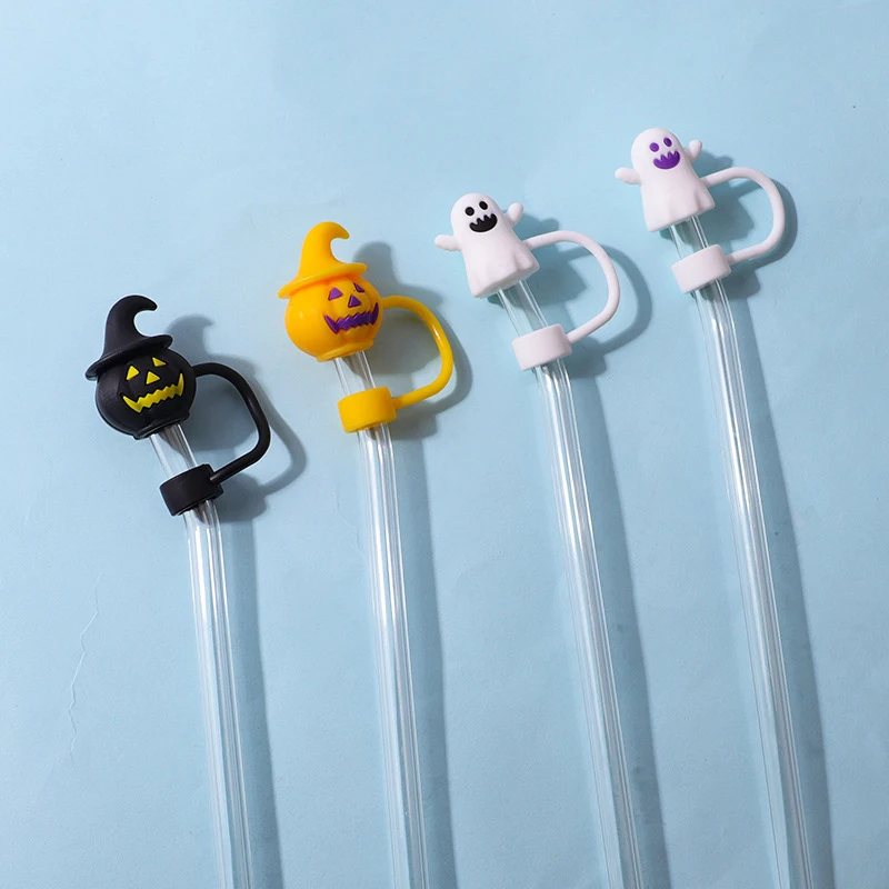 Halloween Cartoon Ghost Pumpkin Sealing Straw Plug Silicone Reusable Drinking Straw Dust Cap DIY Straw Tips Cover