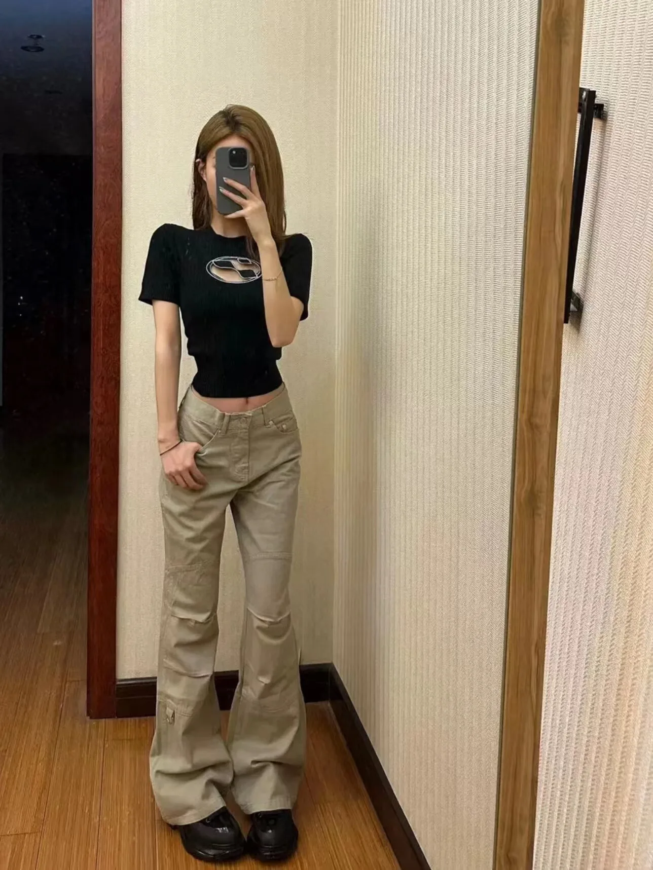 

Брюки-клеш цвета хаки с высокой талией, повседневные, с лоскутным дизайном, удобные, из смесового хлопка, весенняя мода