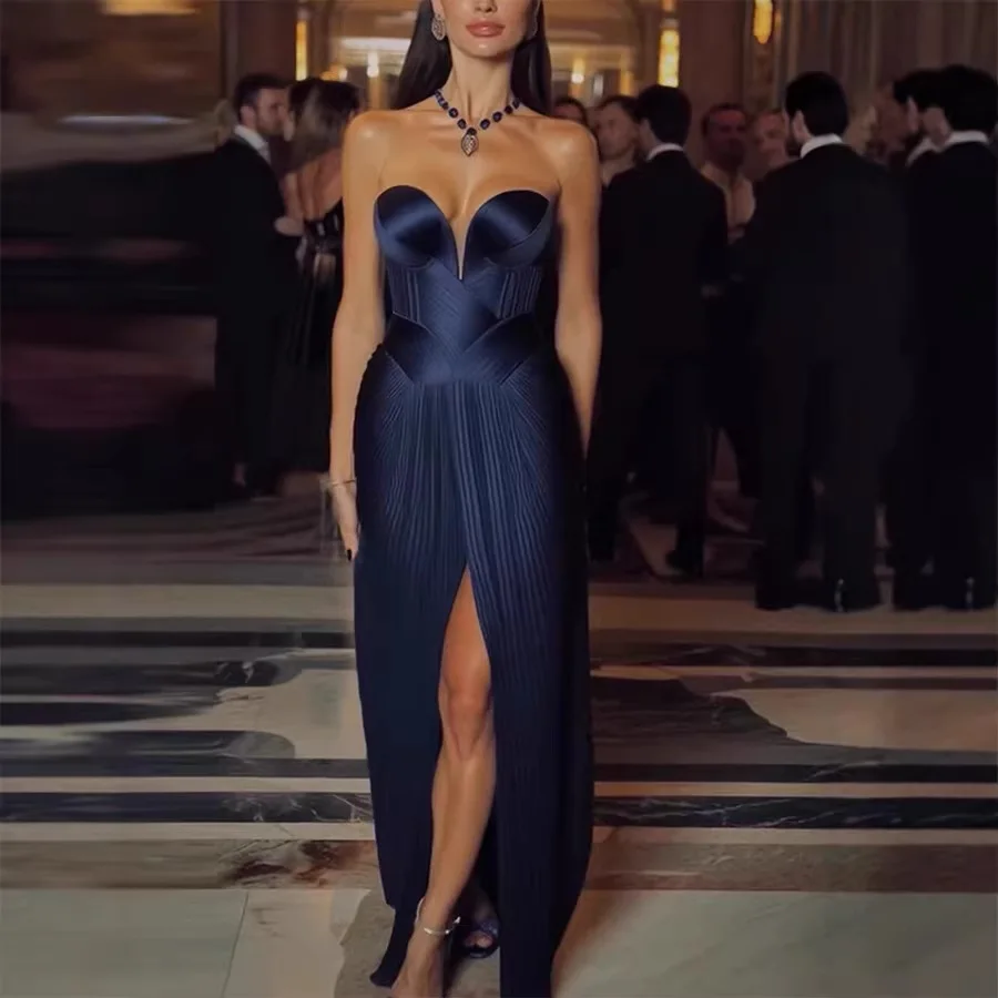 

Women's Tube Top Evening Dress Solid Color Sexy Deep V-neck Backless Slim Slit Dress Lady Party Prom Banquet Vestidos Fashion