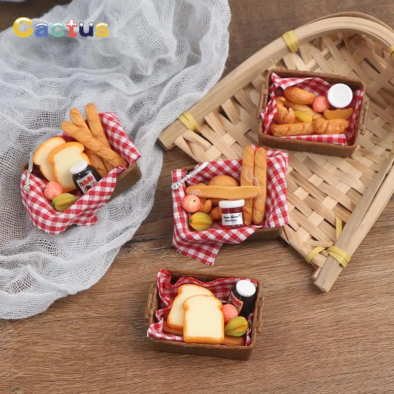 1/6 1/12 Dollhouse Miniature Mini Bread with Basket Simulation Kitchen Food Model Toys for Doll House Decoration Accessories