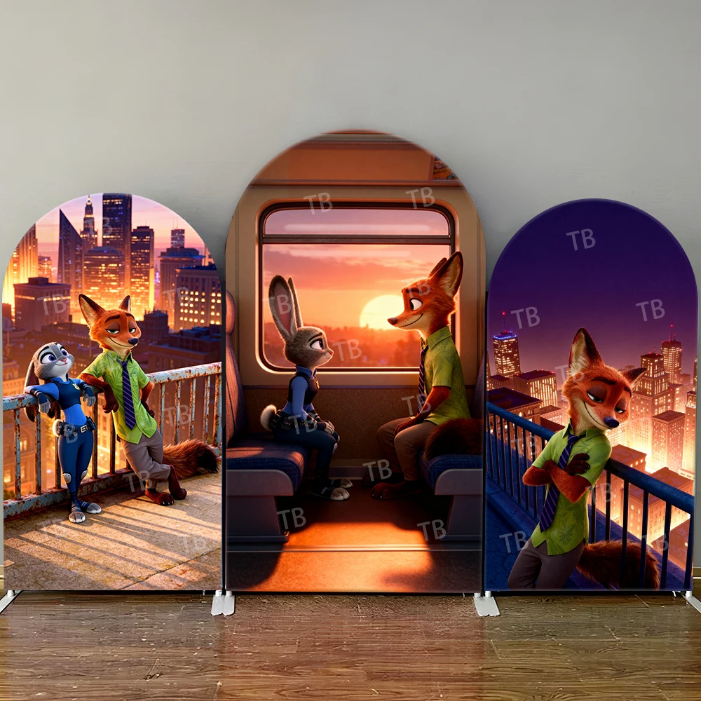 

Disney Zootopia Nick & Judy City Sunset Balcony & Train Scene Arch Backdrop Cover Decor Photo Booth Prop for Kids Party