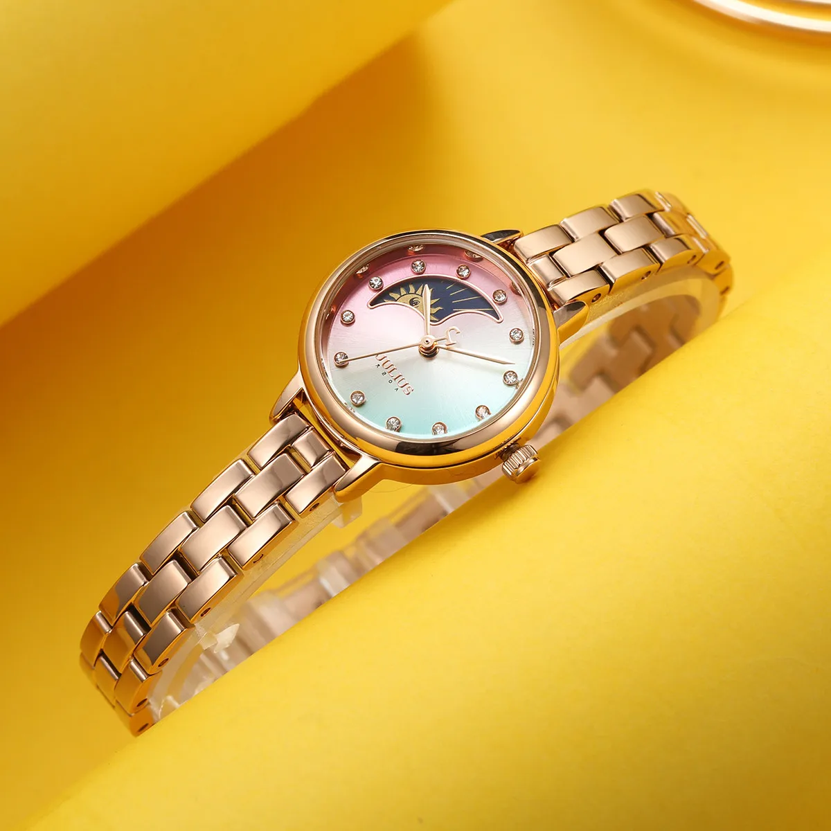 

New Sun & Moon Women's Watch Japan Mov't Hours Small Clock Fine Fashion Dress Chain Bracelet Girl's Birthday Gift Julius Box