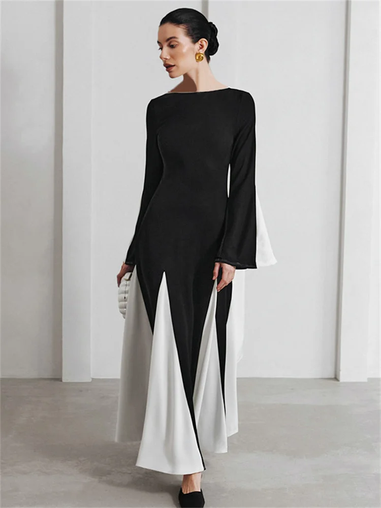 

Tossy Autumn Contrast Patchwork Long Dress Female Slim Long Sleeve Elegant Commute Zipper Luxury Party Dress Women's Maxi Dress