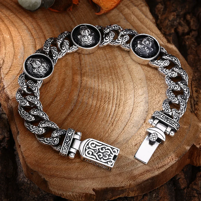 S925 Sterling Silver Tiger Bracelet 12mm Old Process 20CM Heavy Body Tank Unisex Vine Design Fine Jewelry FYBT144