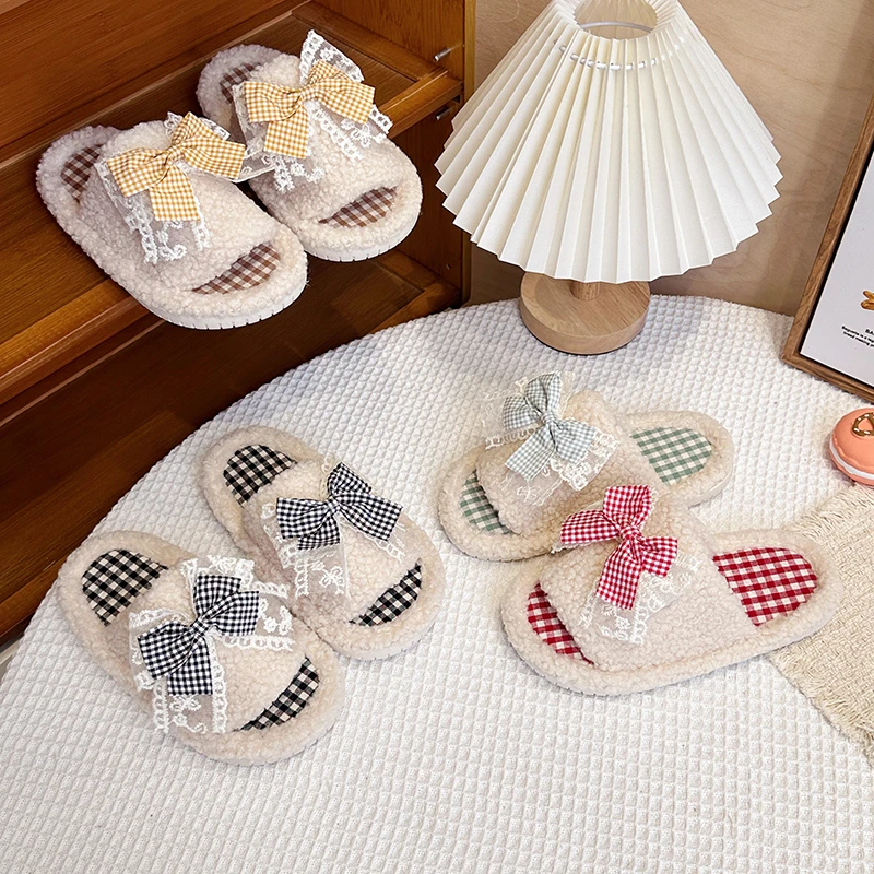 New Toddler Girls Lace Plush Slippers Home Warm Flurry Children's Winter Shoes with Bow Open-toe Soft Bottom Kids Flat Slippers