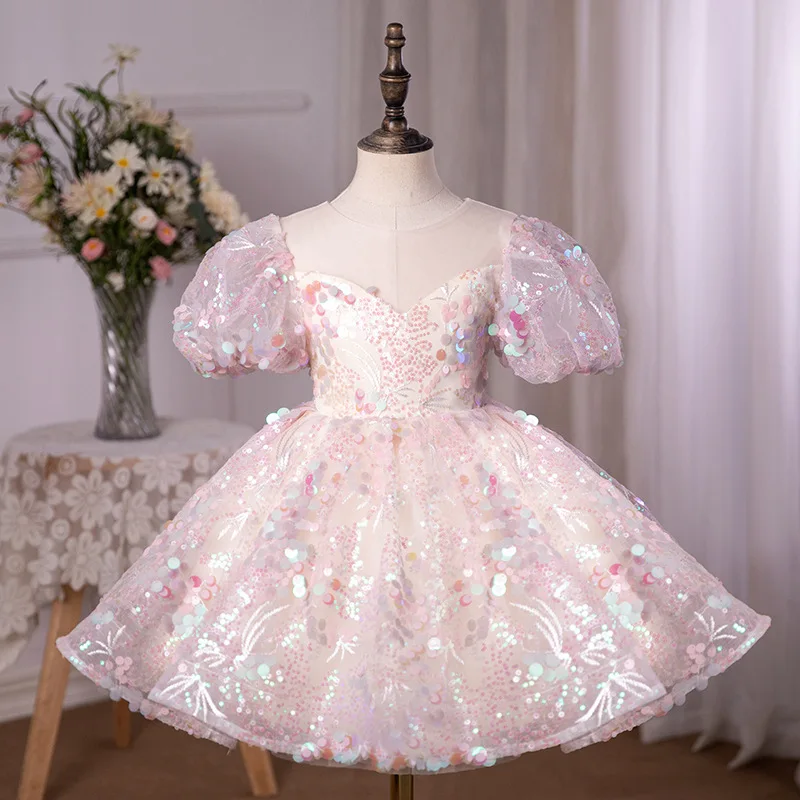 Girls Cute Birthday Wedding Performance Princess Ball Gown Children Fashion Sequins Design Fluffy Dress g169