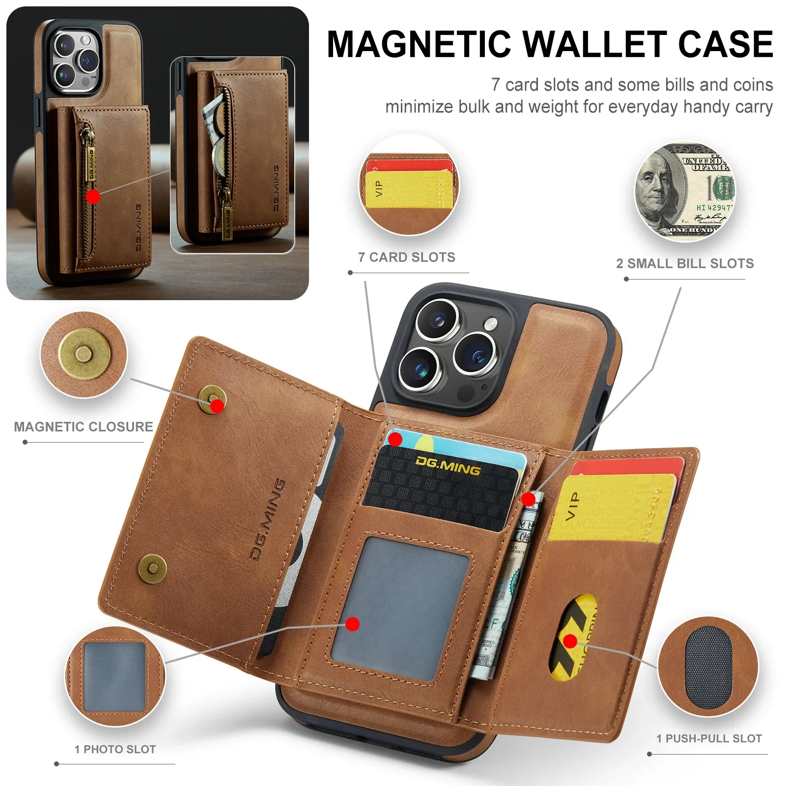 Magnetic Leather RFID Zipper Wallet Case for Magsafe IPhone 17 Air 16 15 14 13 12 11 Pro Max Plus i17 Cards Pocket Holder Cover