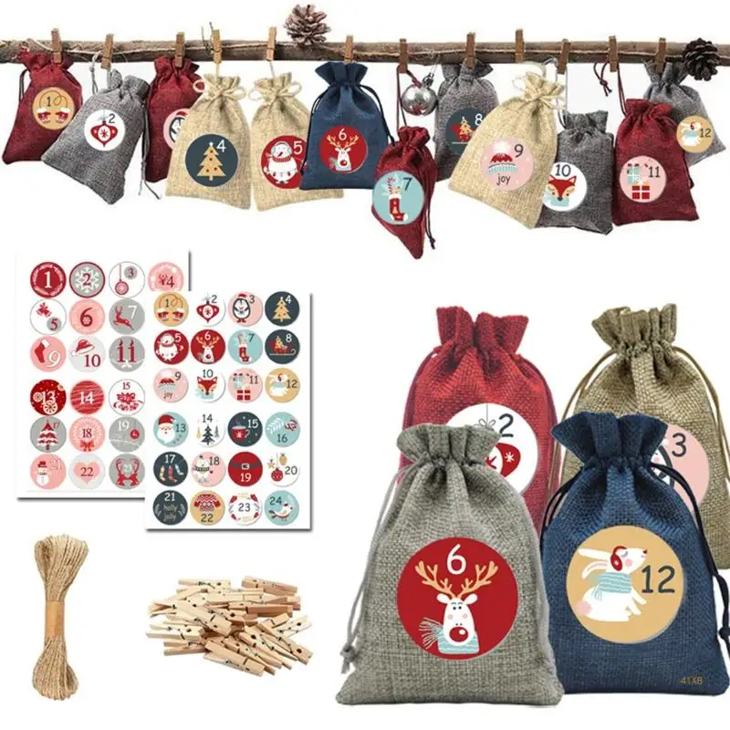 41XB Christmas Advent Calendar Gift Bag Set with 48 Advent Numbers Stickers for DIY Filling Fabric Bag Men Women Children Xmas