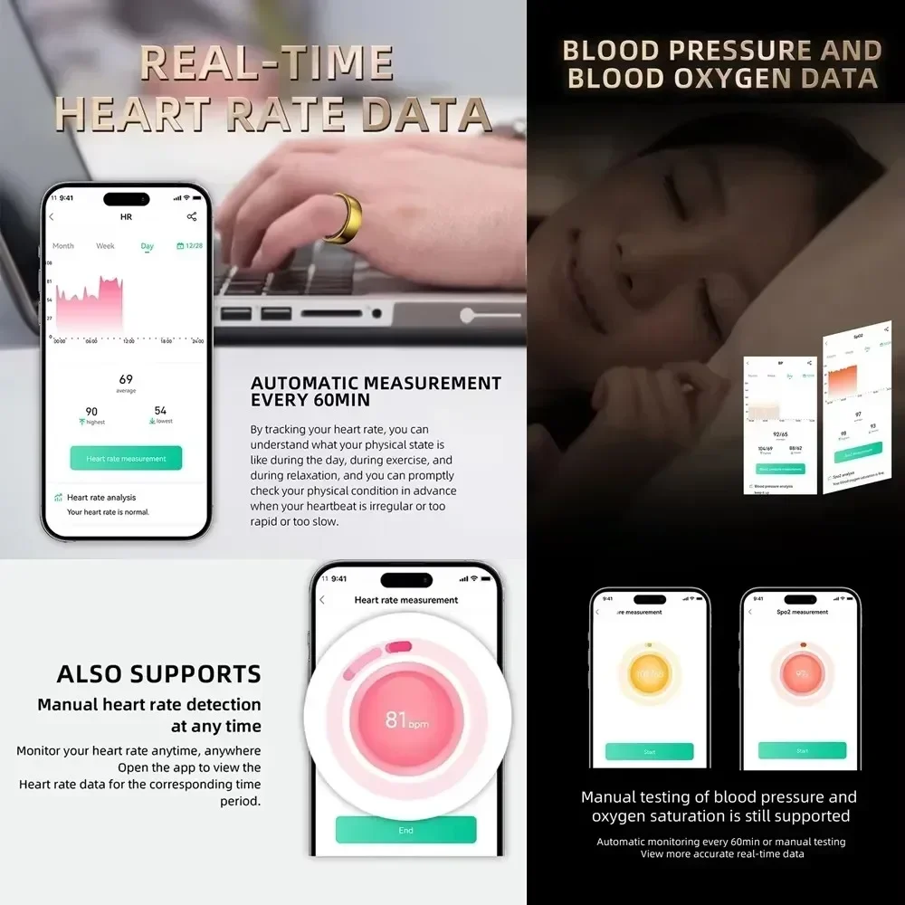 2025 Smart Ring Heren Dames Multi-sportmodi Lichaamstemperatuur Gezondheid en slaapmonitor Stalen sportring voor Xiaomi Samsung-telefoon