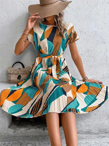 Vestido elegante con cordones y estampado, vestido largo medio plisado con cuello redondo para mujer de verano