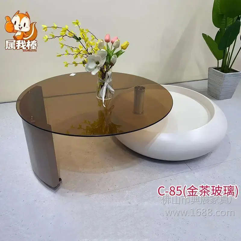 HYS round new coffee table rotatable storage living room household small apartment light luxury high-end Italian tempered glass