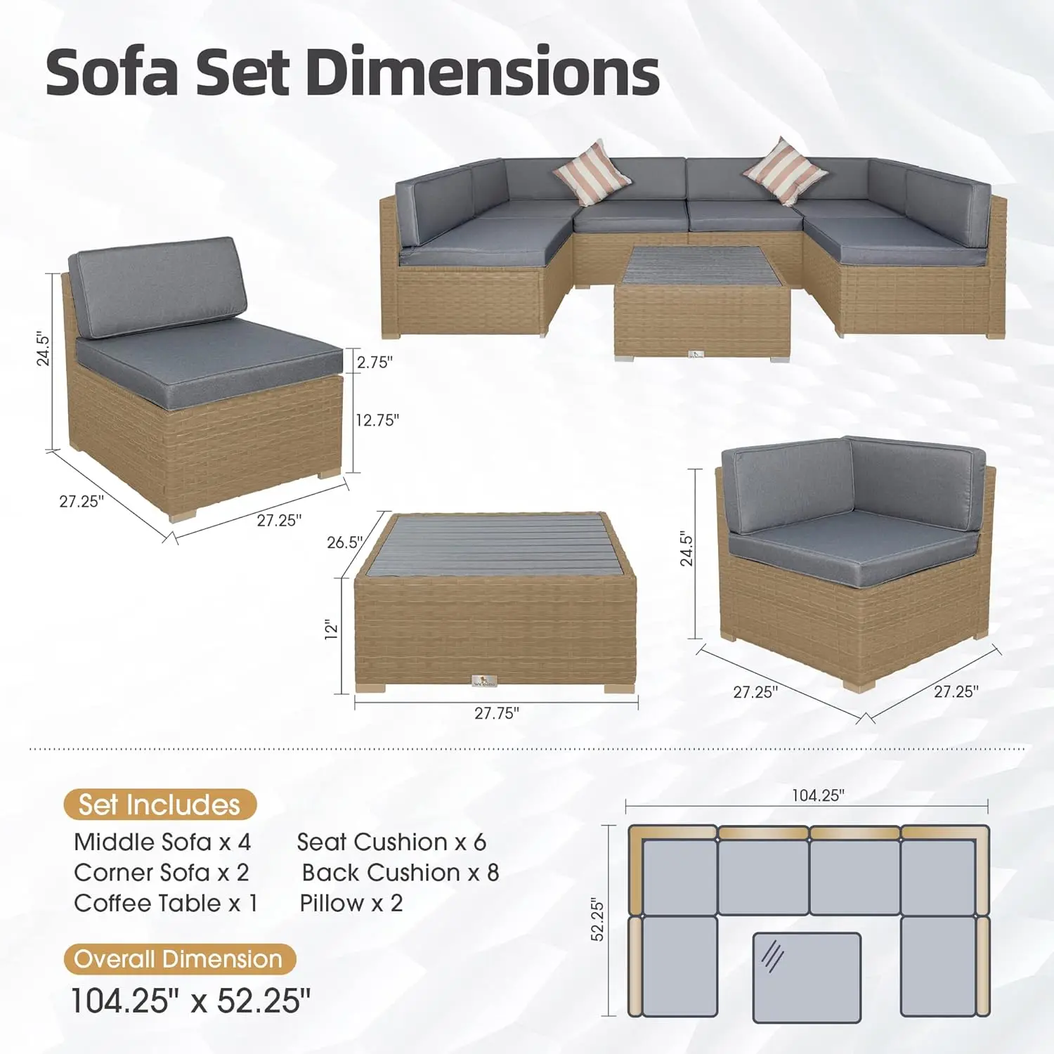 7PCS Outdoor Sectional Sofa Set w/Cushions,Patio PE Rattan Wicker Conversation Couch Sets w/Slatted Coffee Table&Striped Pillows