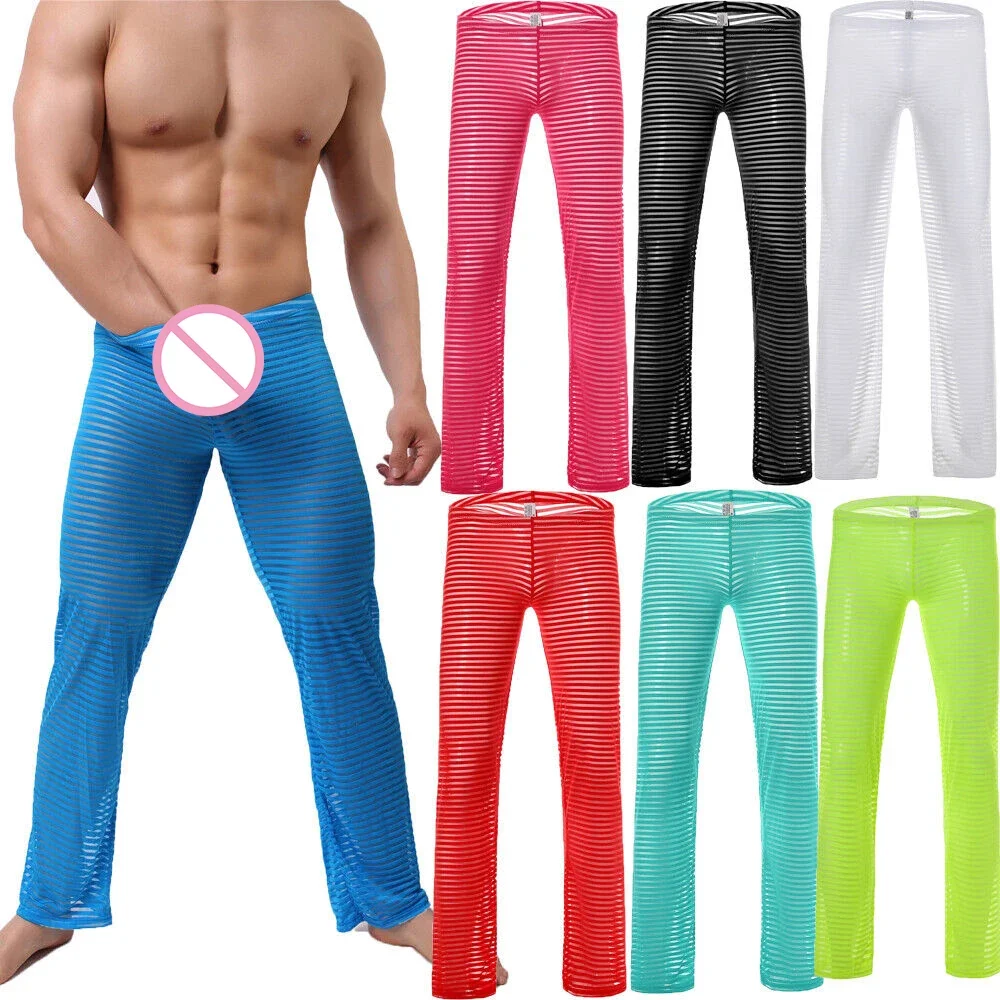

Mens Sexy Underpants Body Shaping Loose Long Pants Transparent Net Striped Trousers Breathable Men Pants Slim Fitness Sweatpants