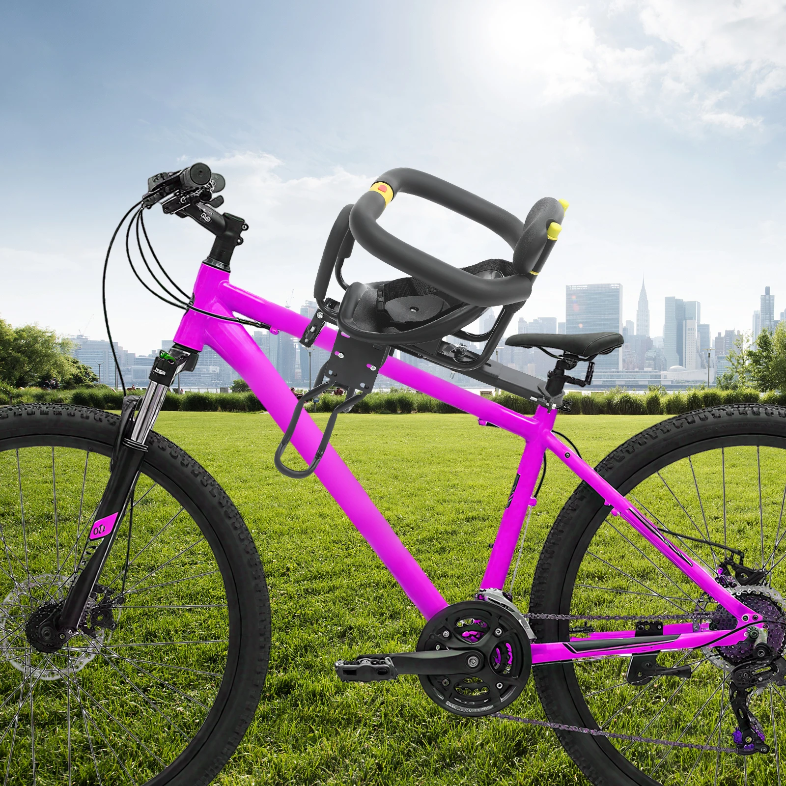 Adjustable Bike Child Seat for Ages 1-5, Safety Seat with Sponge Cushion, Seat Belt, Flexible Pedals for Mountain & City Bikes