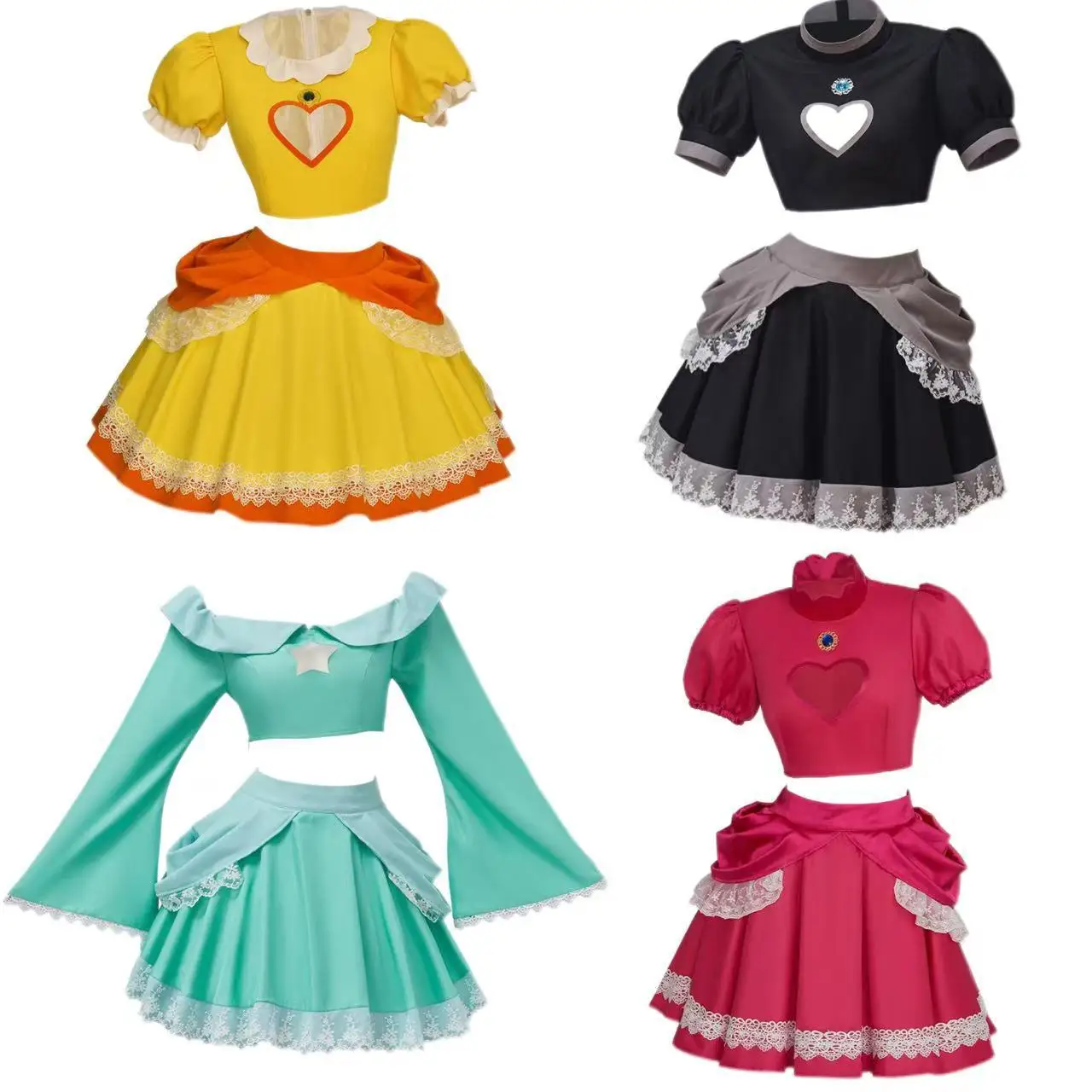 Ensemble de robe de cosplay Rosalina & Peach - Haut bleu clair à manches cloche et jupe rose à motifs de cœurs, parfait pour les anniversaires sur le thème de Mario et la Comic-Con