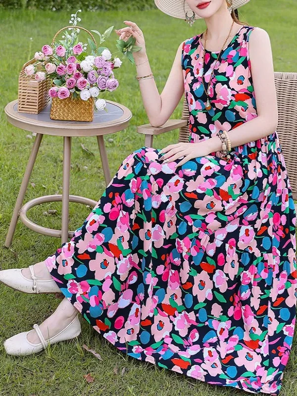 Summer New plus Size Floral Cotton Silk Dr Women's Strap Beach Skirt Svel Holiday Lightweight Long Dr