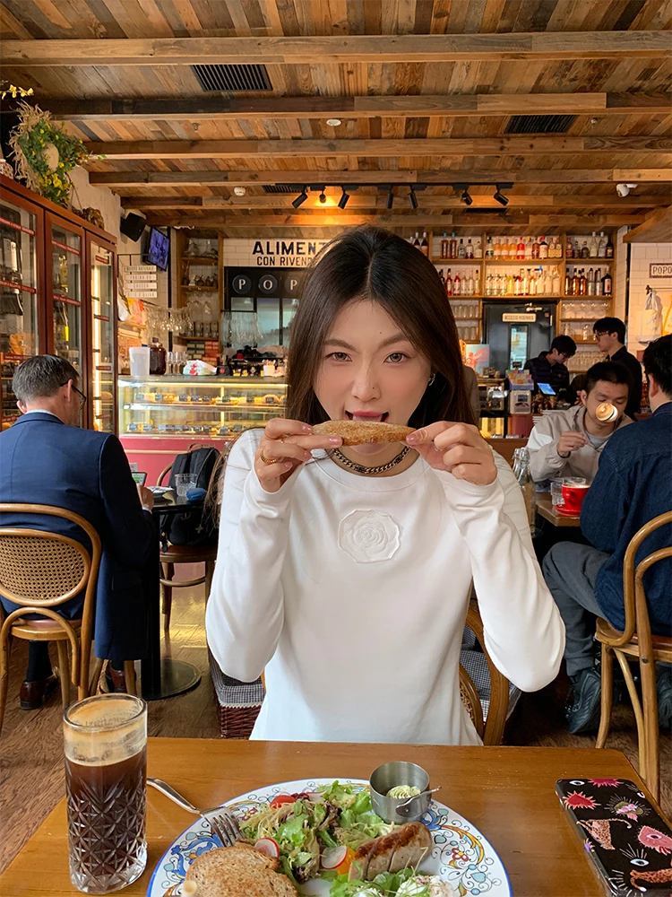 Long Sve Women's T-irt White Base Layer irt Autumn Winter Inner Wear Casual Sle Creative Pattern Cotton Blend Fabric