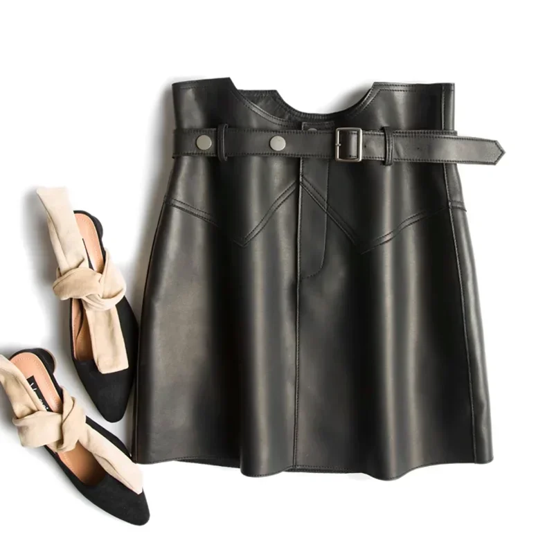 Europe and America Genuine Leather Sexy Mini Skirt Women Spring Fashion High Waist Buttons Retro Regulai Fit Belt Pencil Skirt