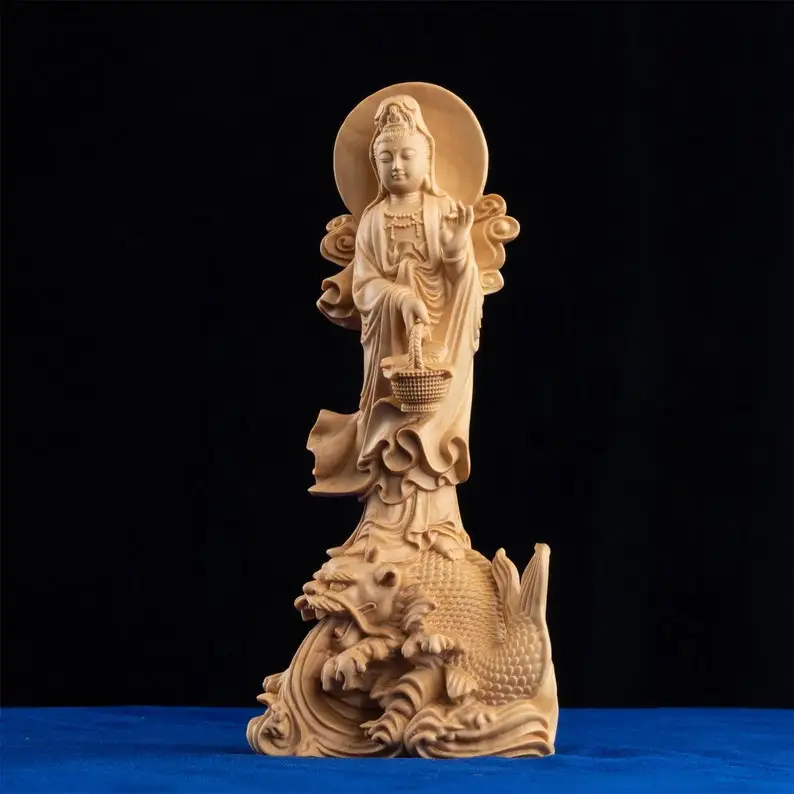 Kuan Yin-Wooden Sculpture with Flower Basket, Exquisite Water-Themed Wood Finish, Classical Statue Representing Grace, Adorned