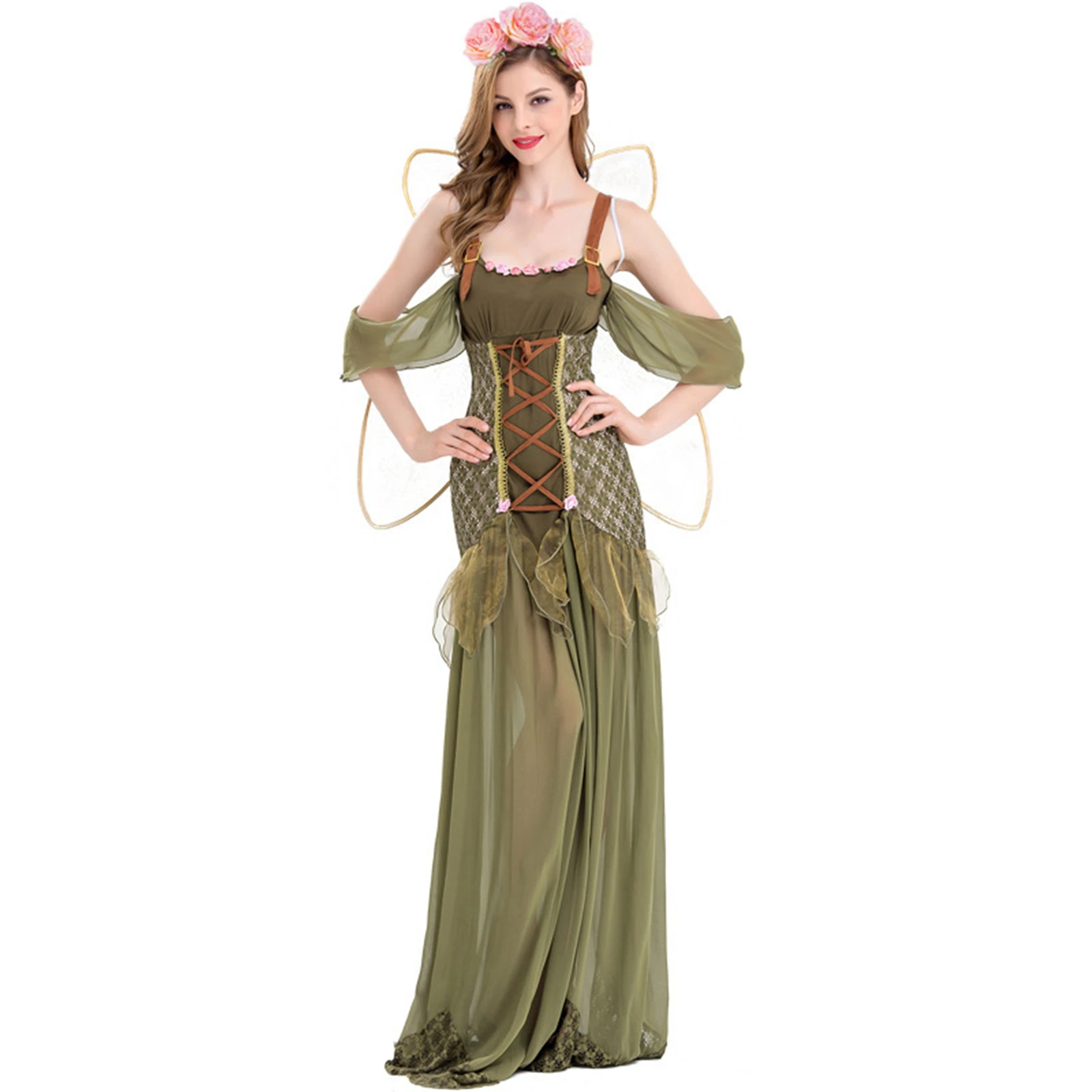 

Women Halloween Flower Fairy Green Dress Elf Princess Dress with Wings Renaissance Lace Up Dress Carnival Party Costume