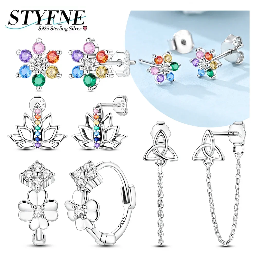 

Earrings 925 Silver Colored Zircon Lotus Hope Flower Four-leaf Clover Tassel Stud Earrings Fit for Party Delicate Gift Jewelry