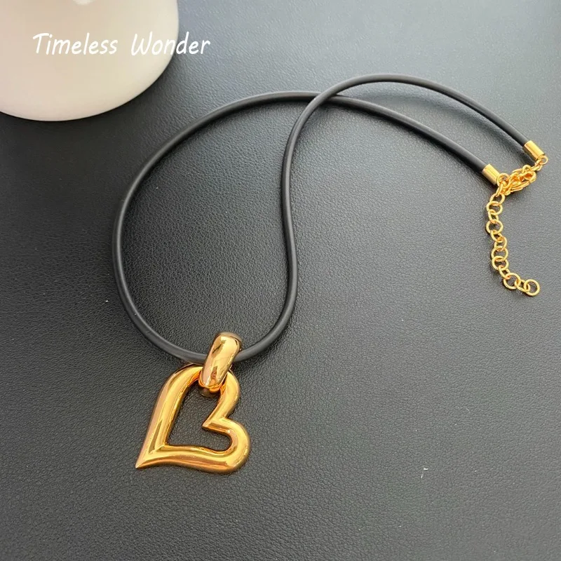 

Timeless Wonder Brass Geo Heart Leather Chains Necklace for Women Designer Jewelry Runway Goth Luxury Rare Sweet Top 5166