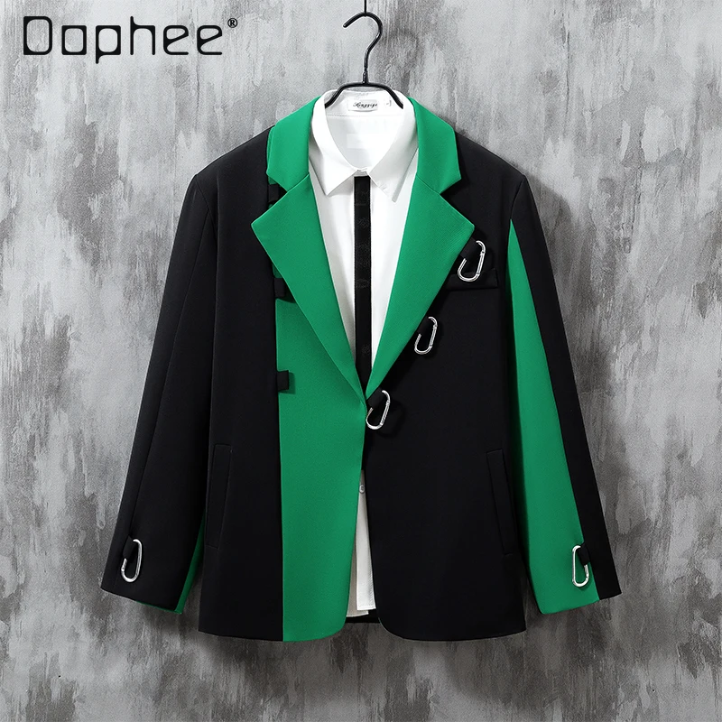 

Весна и осень 2024, новый свободный зеленый пиджак с цветными блоками, красивая белая, черная рубашка с длинными рукавами и брюки в британском стиле