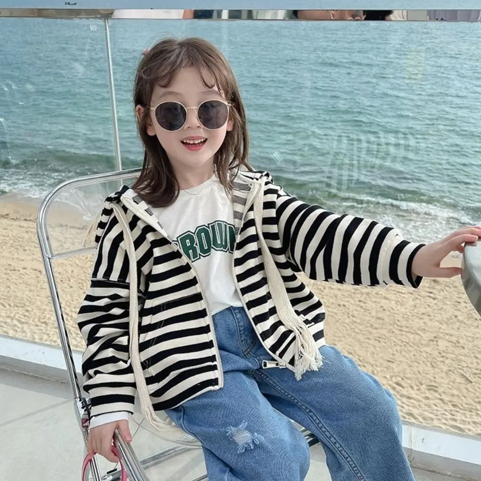 Girls Hooded Jacket Spring Stylish New Kids Baby Striped Top Spring Fall Trendy Cardigan