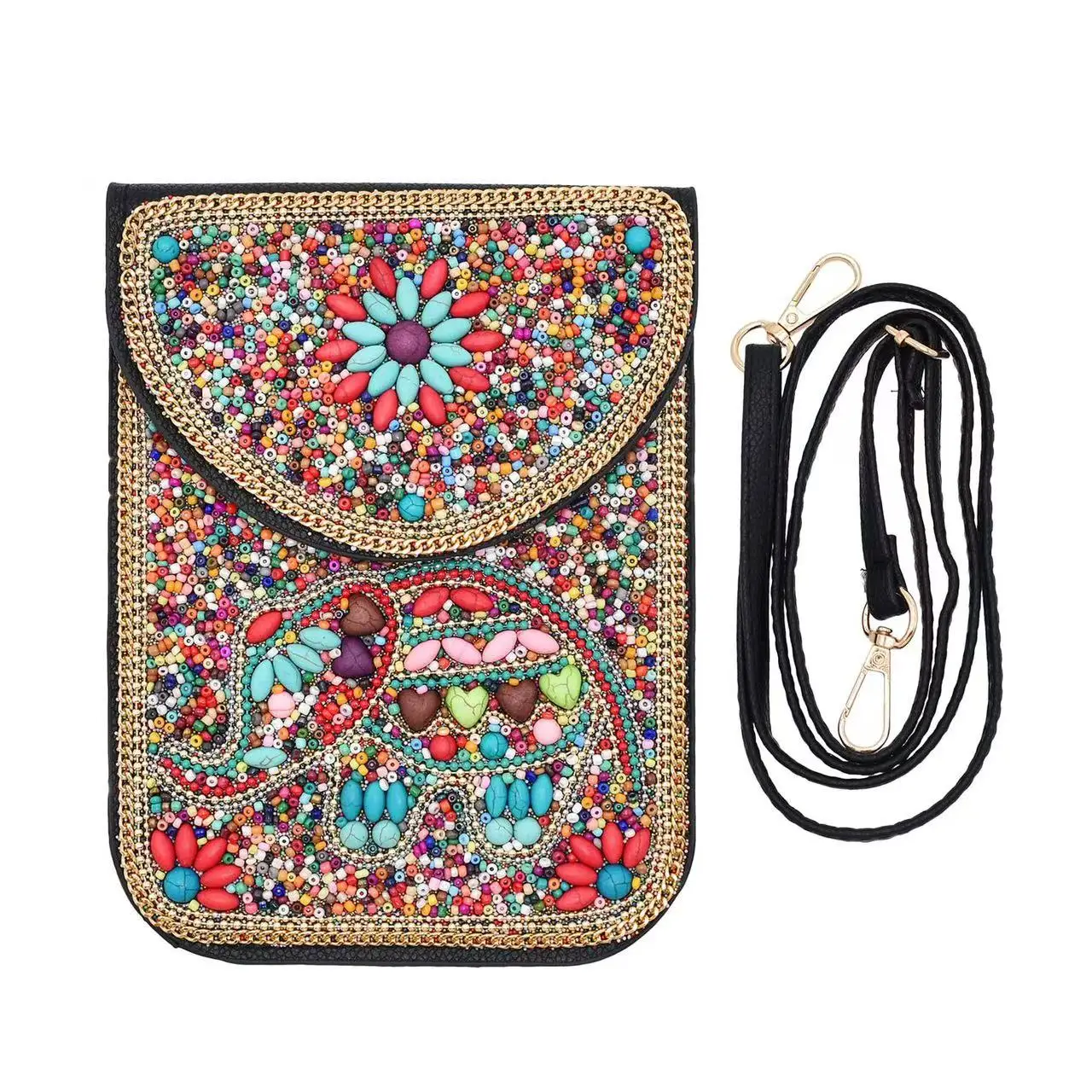 

Национальный узор слона, расшитая бисером сумка для телефона ручной работы, женская этническая кожаная сумка через плечо в стиле бохо в стиле ретро для туристического фестиваля