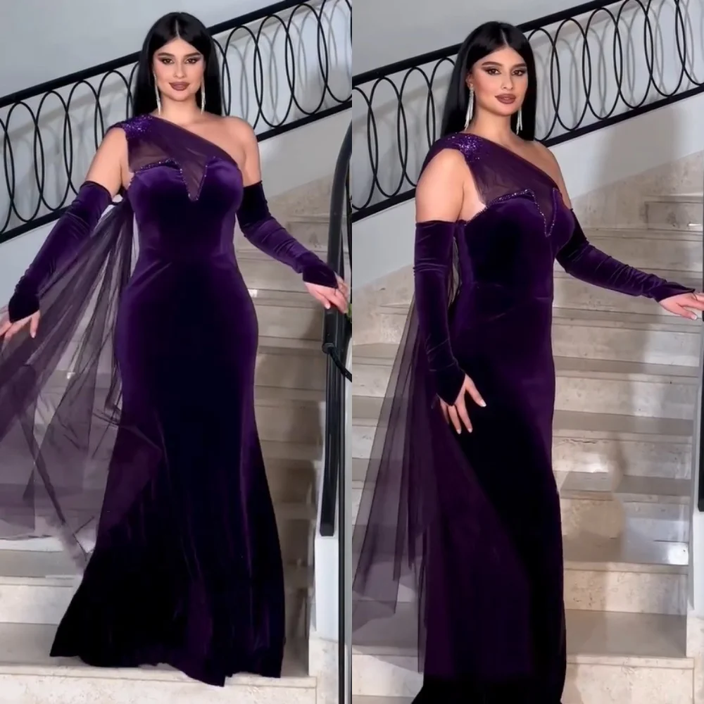 Customized Sparkle Velour Sequined Trumpet One-shoulder Long Dresses Bespoke Occasion Quinceanera Classic Formal