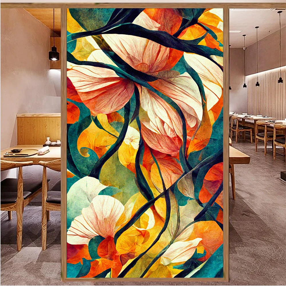 Colorful Flowers  Privacy Window Film Static Sticker Glass Adhesive Free Anti UV Heat Resistant Home Door Sticker Bathroom Doors