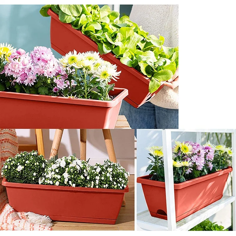 3 Pack 19.6 Inches Window Box Rectangular Planters With Trays,Flower Pot Plant Growing Container For Patio,Balcony,Porch