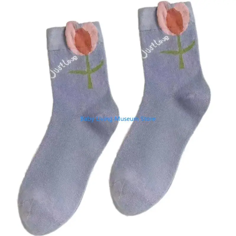 

P31C Breathable Cotton Midcalf Socks For Women Popular Korean Styles Flower Socks Middle Tube Socks Adult Kids Hosiery