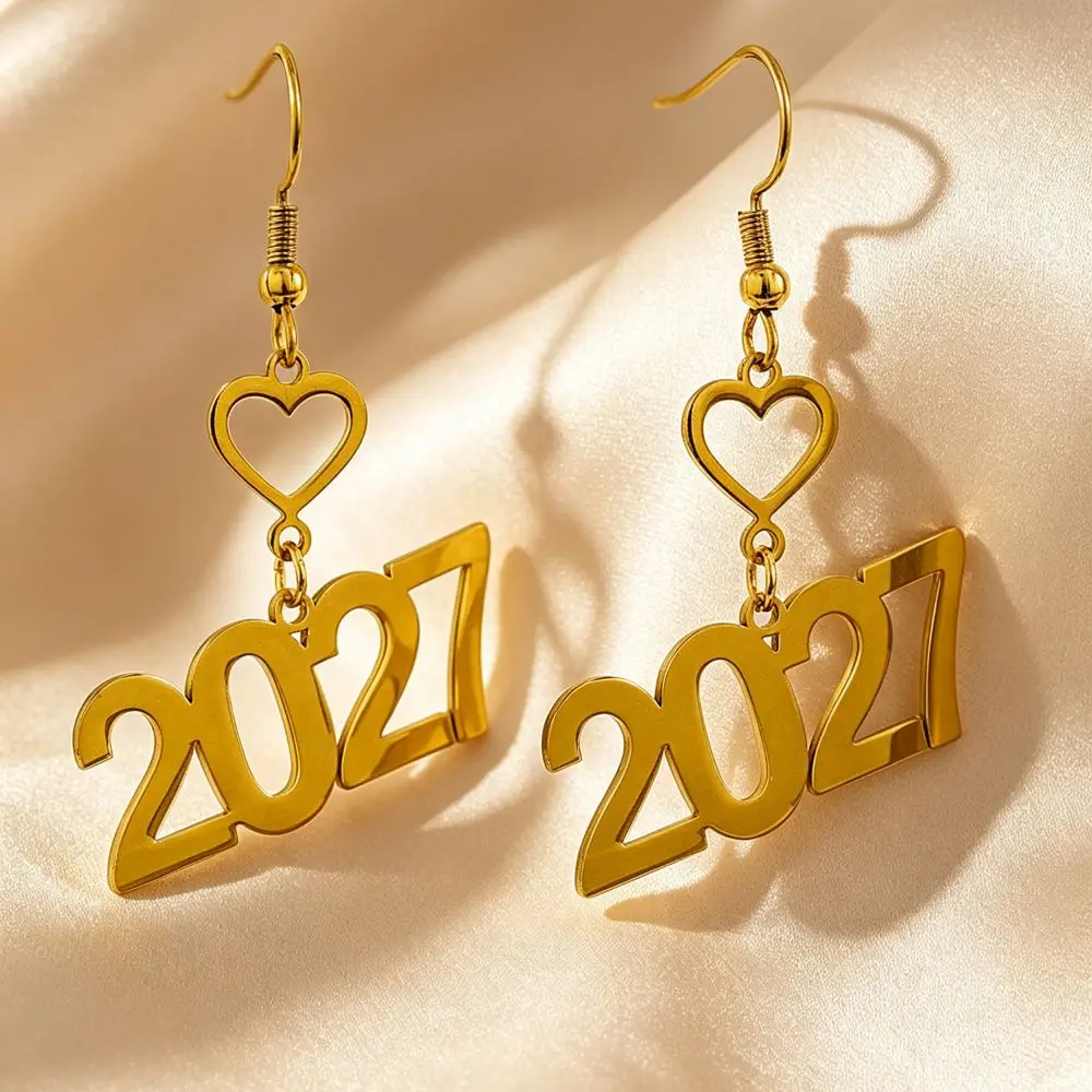 Rhinestone 2027 Digital Earrings Stainless Steel Number Happy New Year Earrings Love Heart Gold Stud Earrings New Year Party