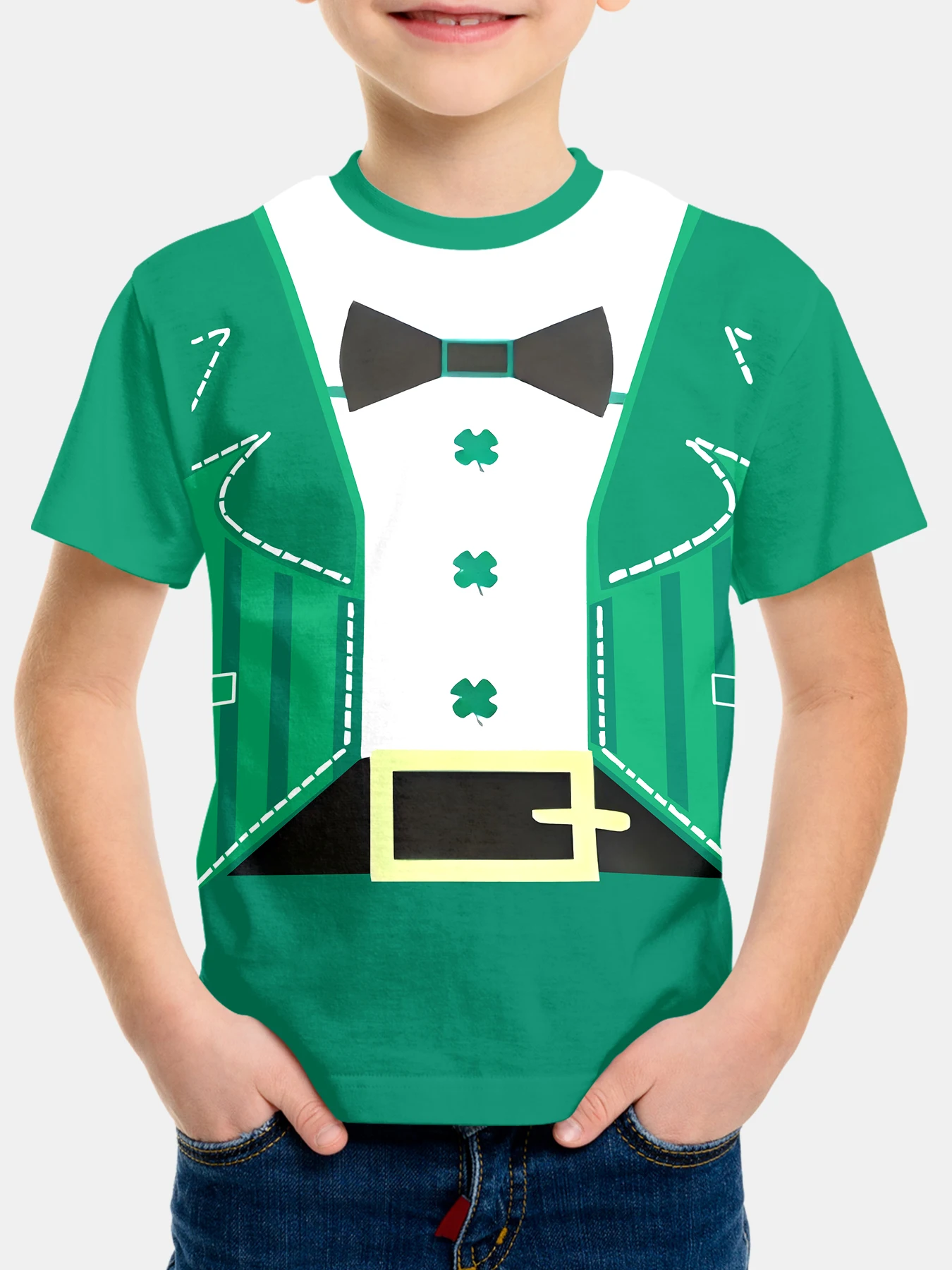 

Boys'Black bow tie summer round neck short sleeved T-shirt, casual lightweight and comfortable top, 3D printed