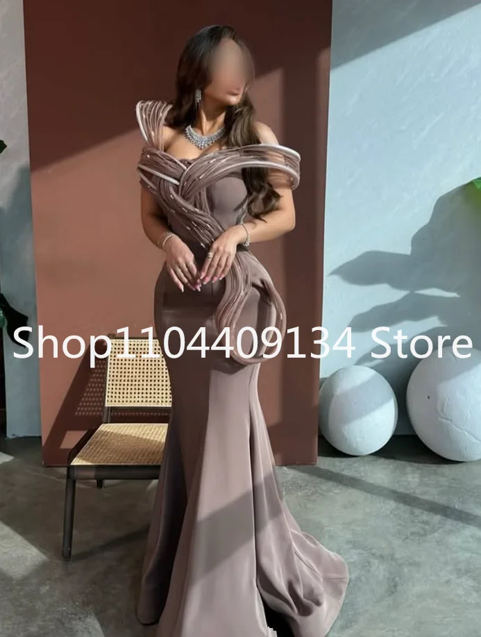 Vestidos formales de noche de sirena larga, color rosa desnudo, volantes, fruncidos, hombros descubiertos, vestido de fiesta de Oriente Medio, Jersey a medida, tamaño personalizado