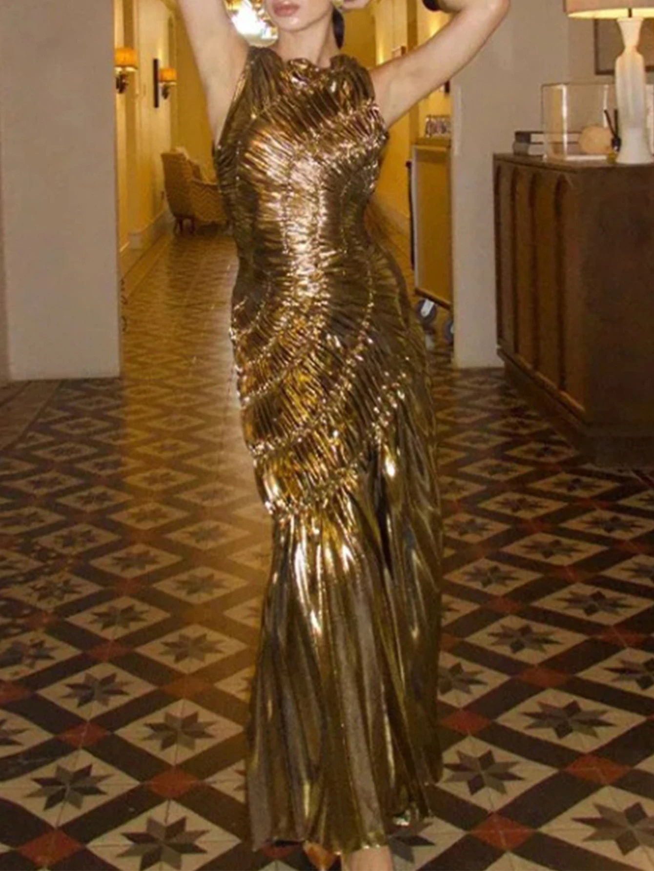 Sexy folds gold maxi summer dress women bodycon club birthday party dress woman clothing prom evening long dresses