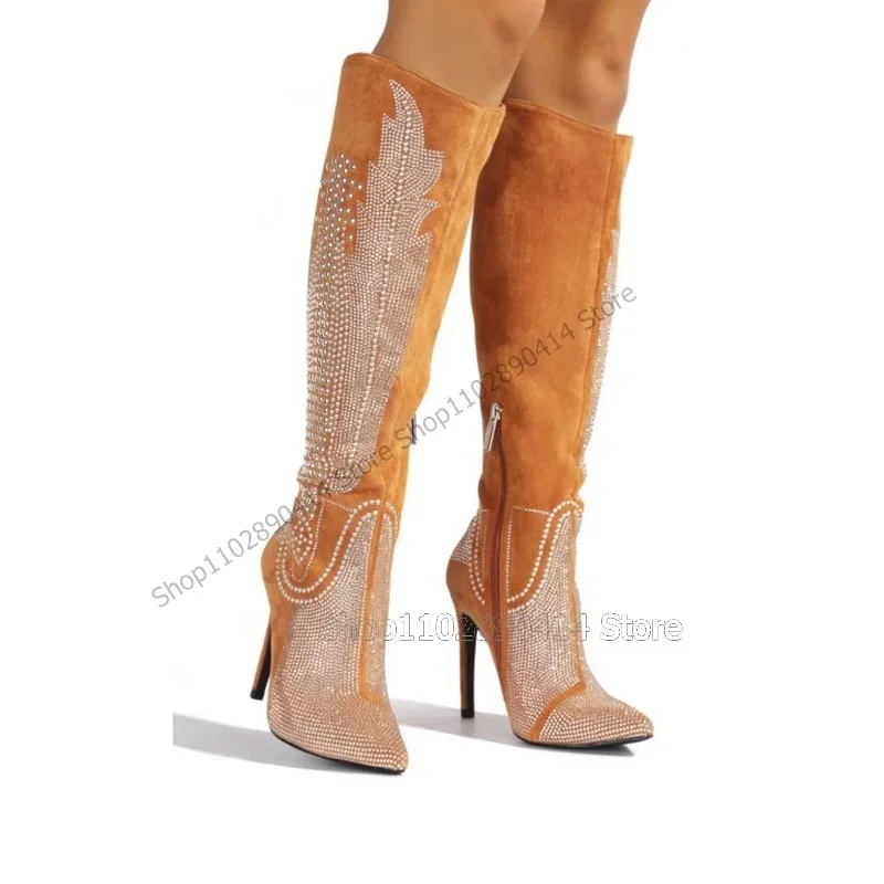 

Rhinestone Totem Design Orange Pointed Toe Boots Side Zipper Women Shoes Thin High Heels Fashion Runway 2023 Zapatos Para Mujere
