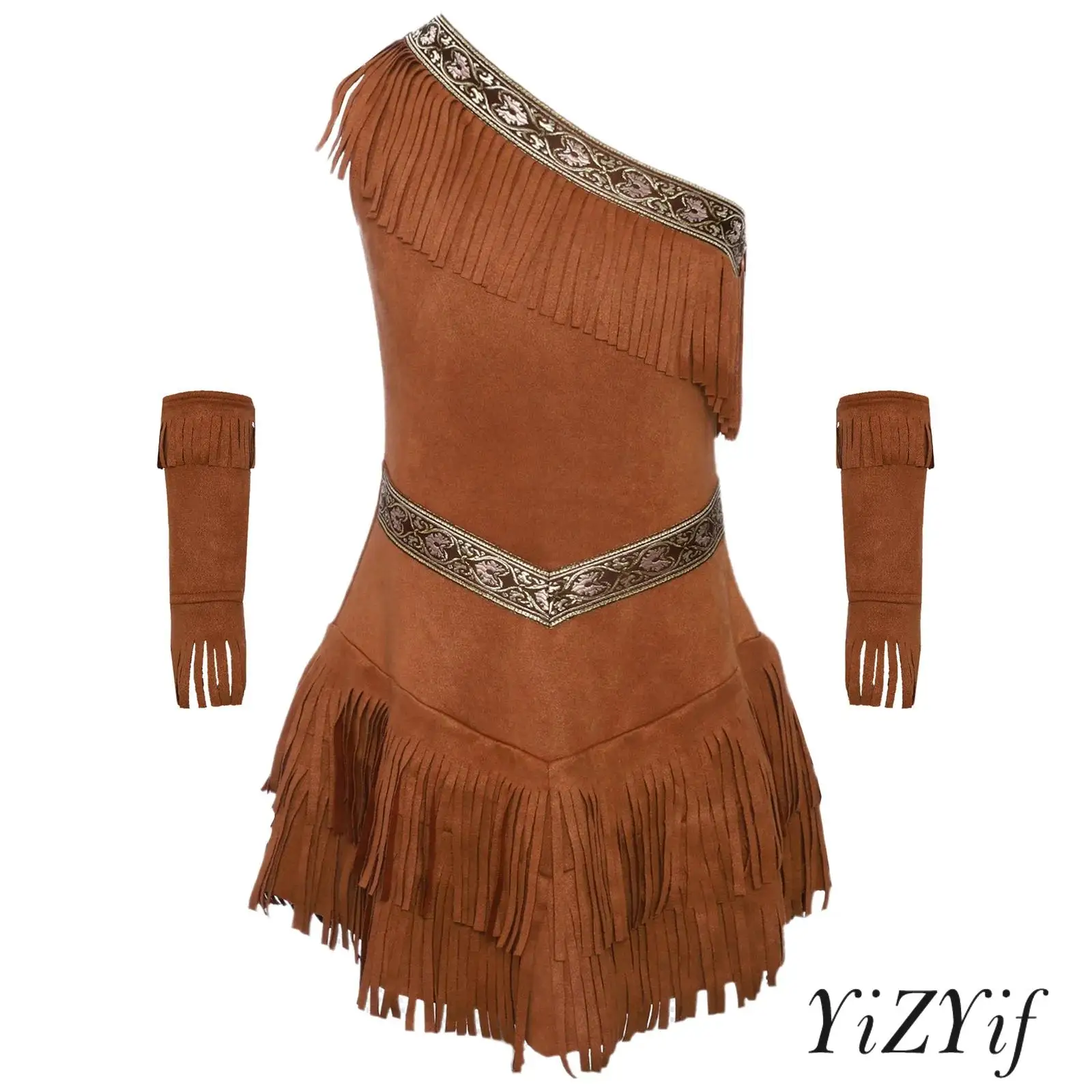 

Kids Girl 2Pcs Native American Princess Cosplay Costume Halloween One Shoulder Sleeveless Fringe Suede Dress with Tassel Sleeves