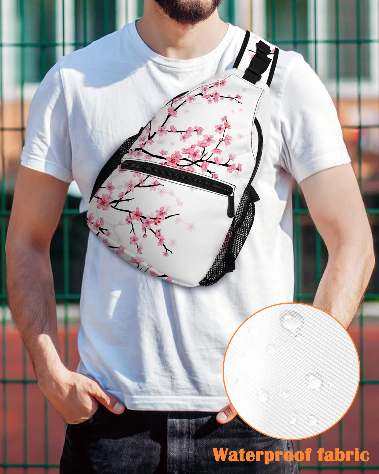 Spring Pink Flower Cherry Blossom White Chest Bag for Men Casual Sports Shoulder Bag Women's Travel Waterproof Messenger Bag