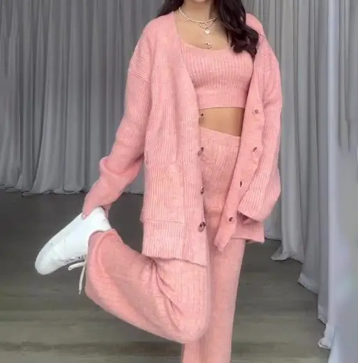 

3Pcs Women Outfit 2025 Spring Autumn New Fashionable Solid Color Crop Vest & High Waist Long Pants Set with Long Sleeve Cardigan
