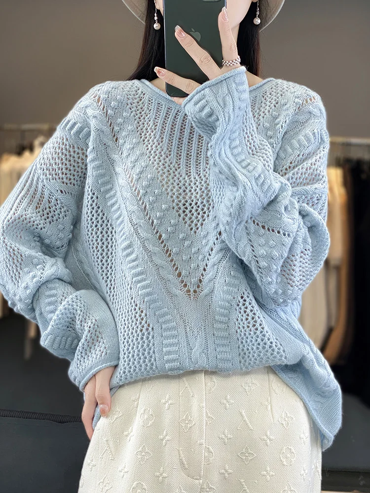 Addonee Women Sweater Hollow O-neck Pullover Vintage 100% Merino Wool Long Sleeve Cashmere Knitwear Autumn Winter Clothing Tops